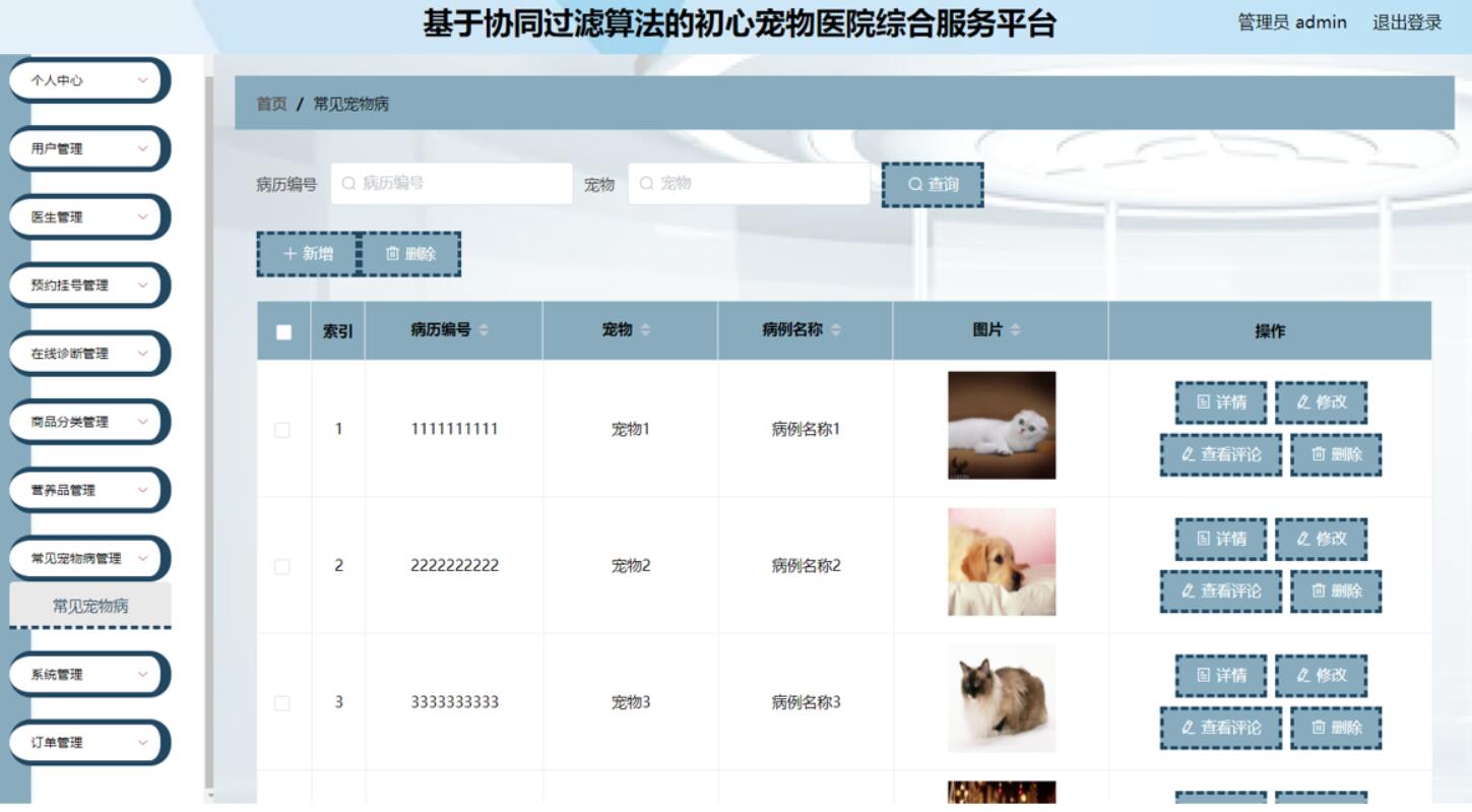 基于协同过滤算法的初心宠物医院综合服务平台的设计与实现-计算机毕业设计源码+LW文档